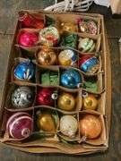 Vintage glass Christmas ornaments in boxes, two stocking hangers, fall decor items