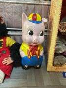 Chalkware Porky Pig figure, vintage Mr. Bim and other monkey dolls, Wrinkles dog puppet in box