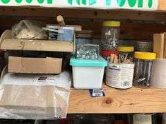 Contents of two shelves: hardware, misc