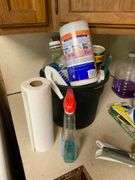 Bucket, paper towels, rubber gloves, cleaning supplies, household items lot