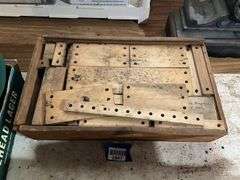 Antique toy wooden building set in wooden box w/ paper print on top of lid