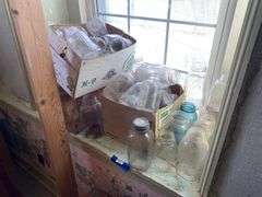 Canning jar lot, some blue, and soda bottles