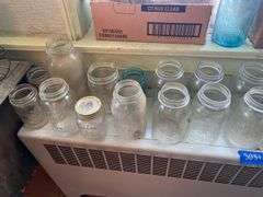 Canning jar lot, some blue, and soda bottles