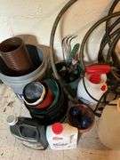Weed killer, sprayers, flowerpots, garden hose, misc