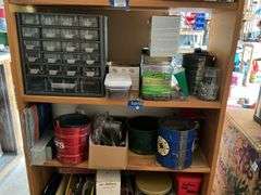 Contents of shelf unit: parts drawer cabinet, packing tape handle, hardware, misc