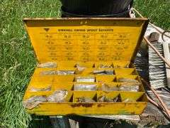 Wooden nesting box and contents: jump started, extension cords, coal bucket, buckets, replacement window, tools, misc