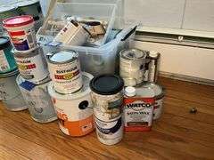 New paint brushes, scraper, paints, painting supplies