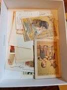 Scrapbook of vintage greeting cards, trade cards in album and box, Sierra Club Grand Canyon prints