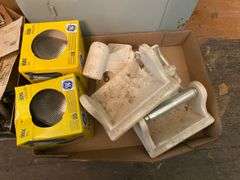 Electric panel box, vintage porcelain bathroom accessories, light bulbs, misc