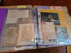 Scrapbook of vintage greeting cards, trade cards in album and box, Sierra Club Grand Canyon prints