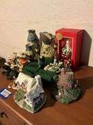 Cottage models, animal figurines, Christmas decor, blue spongeware