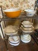 Vintage Pyrex bowls, Corning bakeware, and Corelle dinnerware