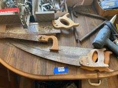 Miter box, hand saws, large lot of hand and power tools, hardware