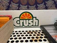 Crush soda advertising store display shelf 54 in x 29 in x 19 in - no contents, MUST COME DURING LAST 2 HOURS OF PICKUP FOR THIS ITEM.