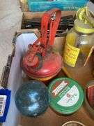 Safety gas can and vintage advertising tins, misc