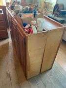 Oak finish base and top cabinets 36x18x24, 43x24x34.5, (2) 60x12x42, 18x12x42, 14x12x42, 30x12x36, 23.5x23.5x42, 54x24x35 - no contents