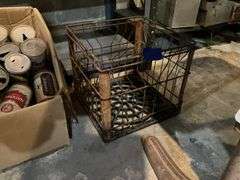 Vintage beer can collection, metal milk crate