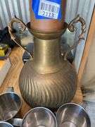 Copper jug, handled brass vase, metal cups set