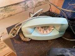 Arts & Crafts telephone stand and contents: vintage telephones including color and boxes 20x18x28