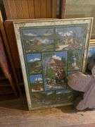 Small oak chest of drawers, wooden file stand, wooden folding chair, live edge clock, framed prints lot