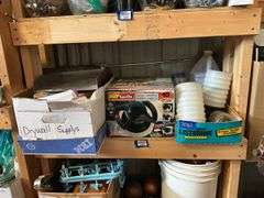 Contents of shelf: drywall supplies, buffer, plasticware
