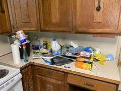 Bucket, paper towels, rubber gloves, cleaning supplies, household items lot