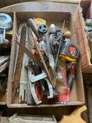 Miter box, hand saws, large lot of hand and power tools, hardware