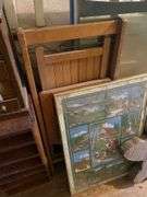 Small oak chest of drawers, wooden file stand, wooden folding chair, live edge clock, framed prints lot