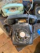 Arts & Crafts telephone stand and contents: vintage telephones including color and boxes 20x18x28