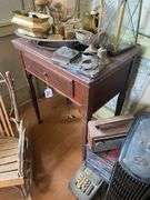End stand, brass vanity mirror, metalware, vintage Zenith portable radio, GE plastic table radio, Cds, vintage adding machines, electric fans25.5x17.5x31
