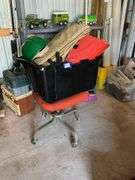 Vintage swivel desk chair, hard hat, flotation vests, tote