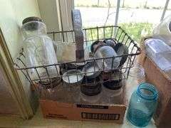 Canning jar lot, some blue, and soda bottles