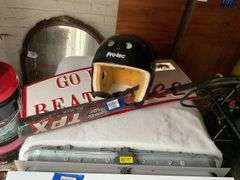 Pro-Tec skate helmet, GO HOGS sign, Louisville Slugger TPX baseball bat