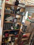 Contents of shelf unit: parts drawer cabinet, packing tape handle, hardware, misc