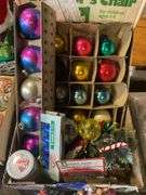 Vintage glass Christmas ornaments in boxes, two stocking hangers, fall decor items