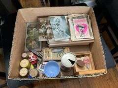 Collectibles lot: postcards, stereo cards, tablets, metal Santa, filmstrip canisters, misc