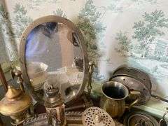 End stand, brass vanity mirror, metalware, vintage Zenith portable radio, GE plastic table radio, Cds, vintage adding machines, electric fans25.5x17.5x31