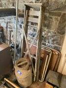 Paper log roller, milk can, 5' step ladder, folding card tables