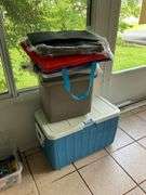 Two Coleman coolers and tote bags
