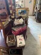 Vintage electric Christmas star, Nativity set w/ stable and box, wire glove stretchers, vinyl tablecloth