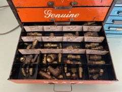 Vintage Imperial Brass Fittings advertising store cabinet w/ contents, and other cabinet w/ contents