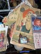 Paper ephemera including: postcards, child's Christmas book, 1960 advertising calendar