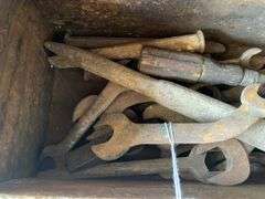 Antique wooden tool caddy w/ tools