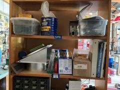 Contents of shelf unit: parts drawer cabinet, packing tape handle, hardware, misc