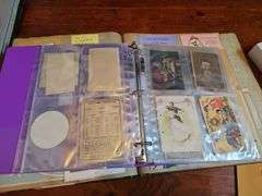 Scrapbook of vintage greeting cards, trade cards in album and box, Sierra Club Grand Canyon prints
