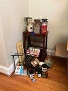 Wooden step stool, jar candles, wall plaque, decor items