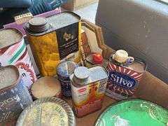Safety gas can and vintage advertising tins, misc