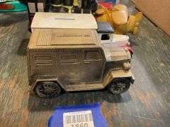Figural banks including: trucks, locomotive, car, pig