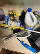 Bucket, paper towels, rubber gloves, cleaning supplies, household items lot
