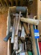 Wooden level, single tree, mallet and hammers, misc tools